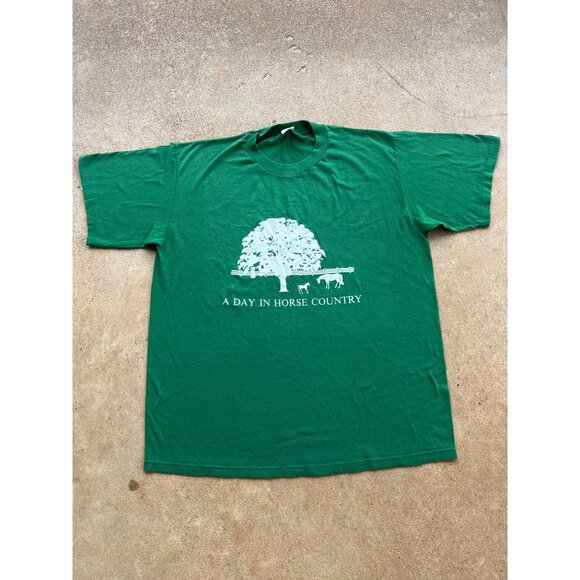 Vintage A Day In Horse Country Graphic T-Shirt Green XL Jerzees Q3 - Picture 1 of 5